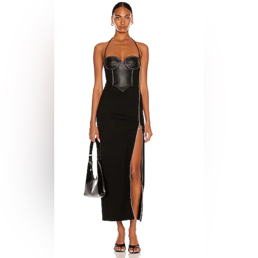 STAUD Hindley Faux Leather Halterneck Dress